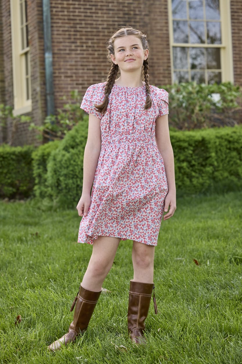 Little English traditional children's clothing.  Soft blue and raspberry red Lennox Floral short sleeve dress with elastic waist