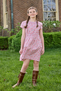 Little English traditional children's clothing.  Soft blue and raspberry red Lennox Floral short sleeve dress with elastic waist