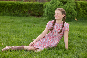 Little English traditional children's clothing.  Soft blue and raspberry red Lennox Floral short sleeve dress with elastic waist