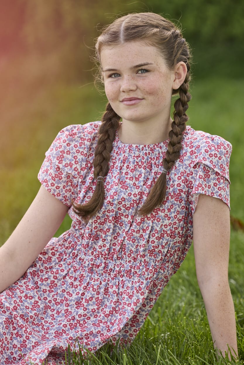 Little English traditional children's clothing.  Soft blue and raspberry red Lennox Floral short sleeve dress with elastic waist