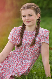 Little English traditional children's clothing.  Soft blue and raspberry red Lennox Floral short sleeve dress with elastic waist