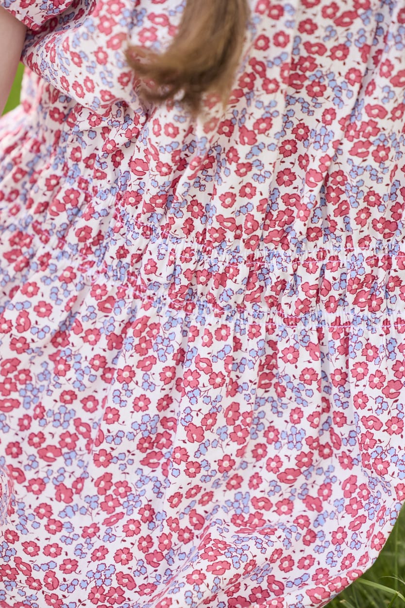 Little English traditional children's clothing.  Soft blue and raspberry red Lennox Floral short sleeve dress with elastic waist