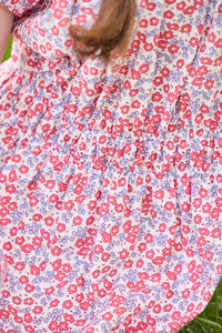 Little English traditional children's clothing.  Soft blue and raspberry red Lennox Floral short sleeve dress with elastic waist