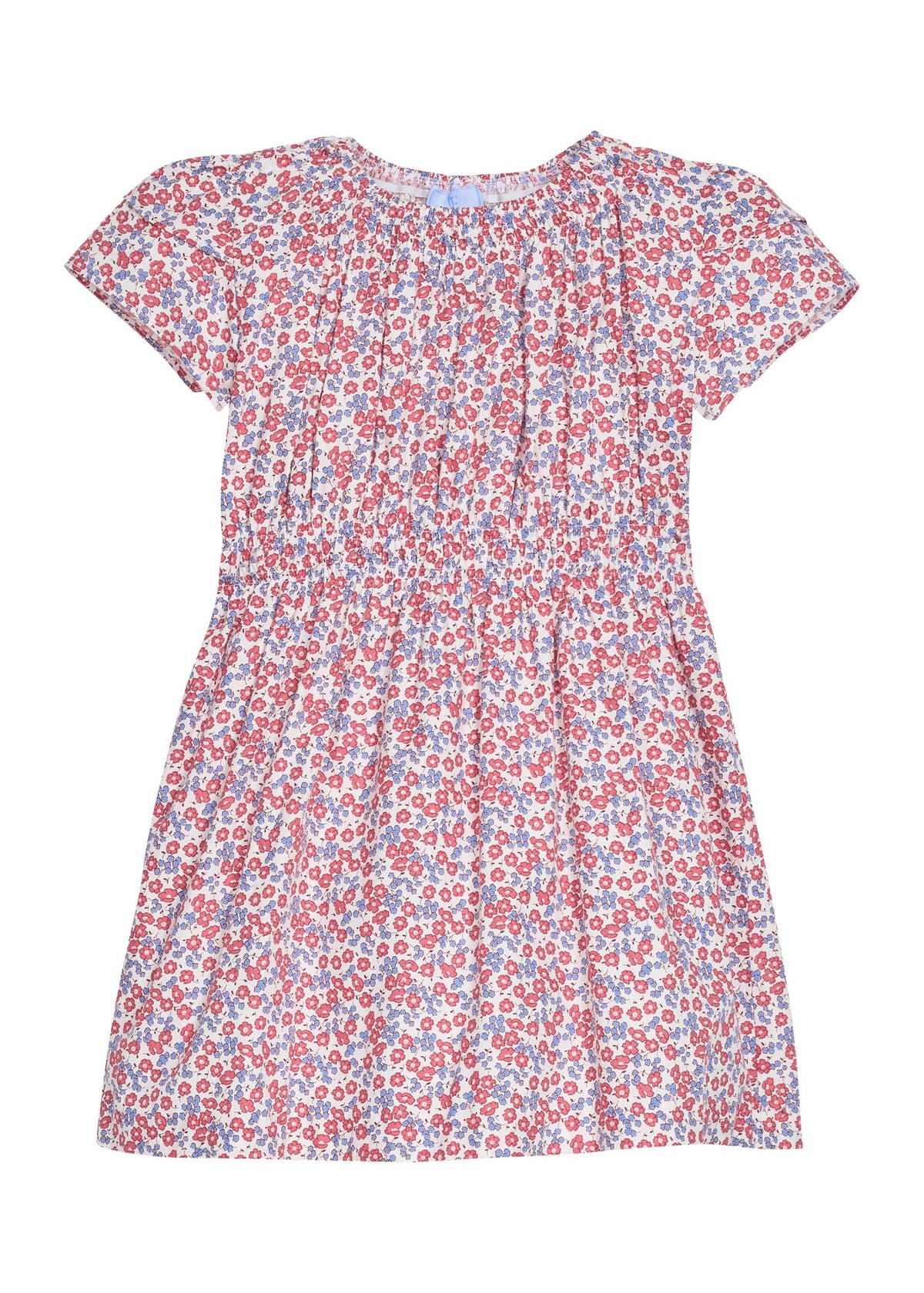 Little English traditional children's clothing.  Soft blue and raspberry red Lennox Floral short sleeve dress with elastic waist