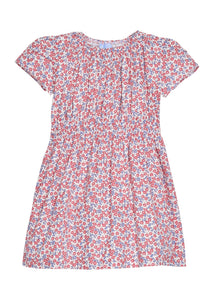 Little English traditional children's clothing.  Soft blue and raspberry red Lennox Floral short sleeve dress with elastic waist