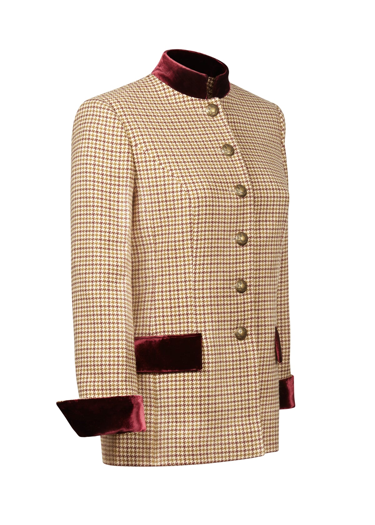 Close-up front view of Camille Apres Midi Jacket showcasing houndstooth wool, burgundy velvet trim and gold buttons on white