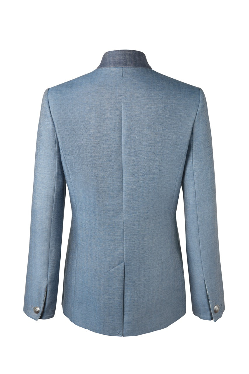 Back view of Camille Bleu jacket showing tailored fit, center back vent, and buttoned sleeve cuffs on a white background