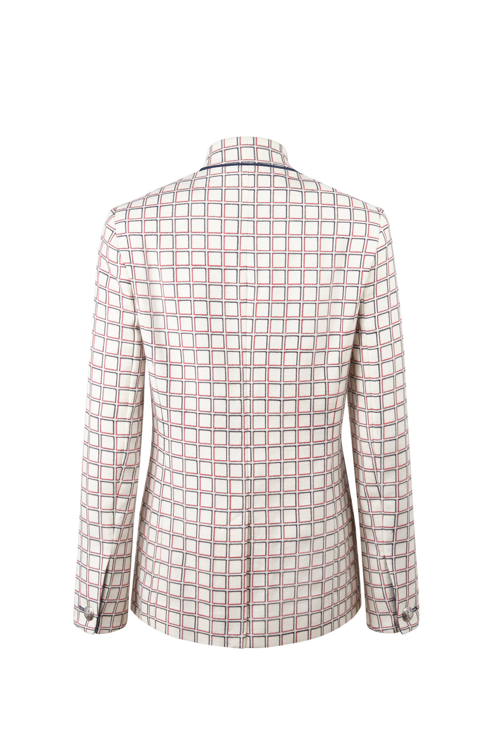 Back view of Camille Mondrian jacket showcasing multicolor grid check pattern, center back seam, and buttoned cuffs on white background