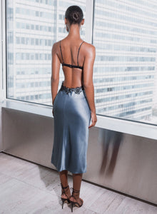Silk & Lace Cutout Dress in blue with black lace