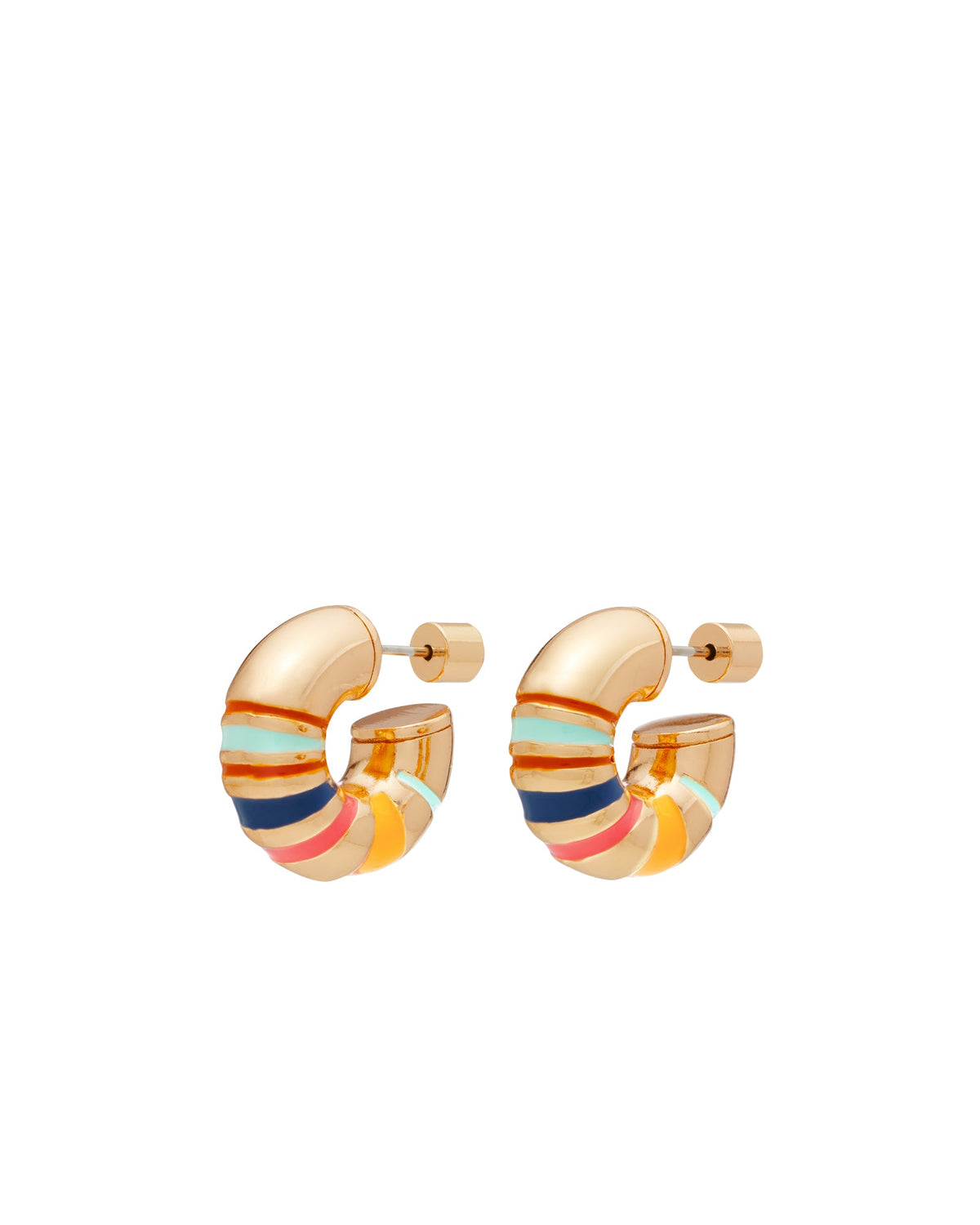 Front view of Campania Chubbies hoop earrings showcasing gold-tone hoops with multicolor enamel stripes on white background