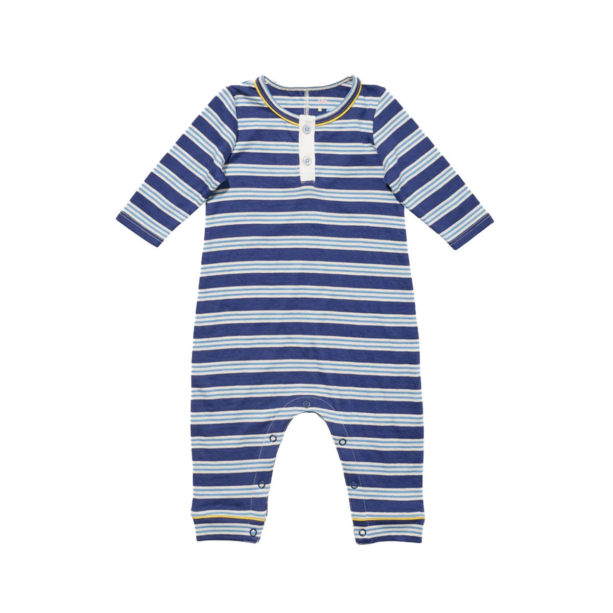 Front view of Campbell Romper in Navy Twin Stripe showcasing stacked buttons, long sleeves, and bottom snaps on white