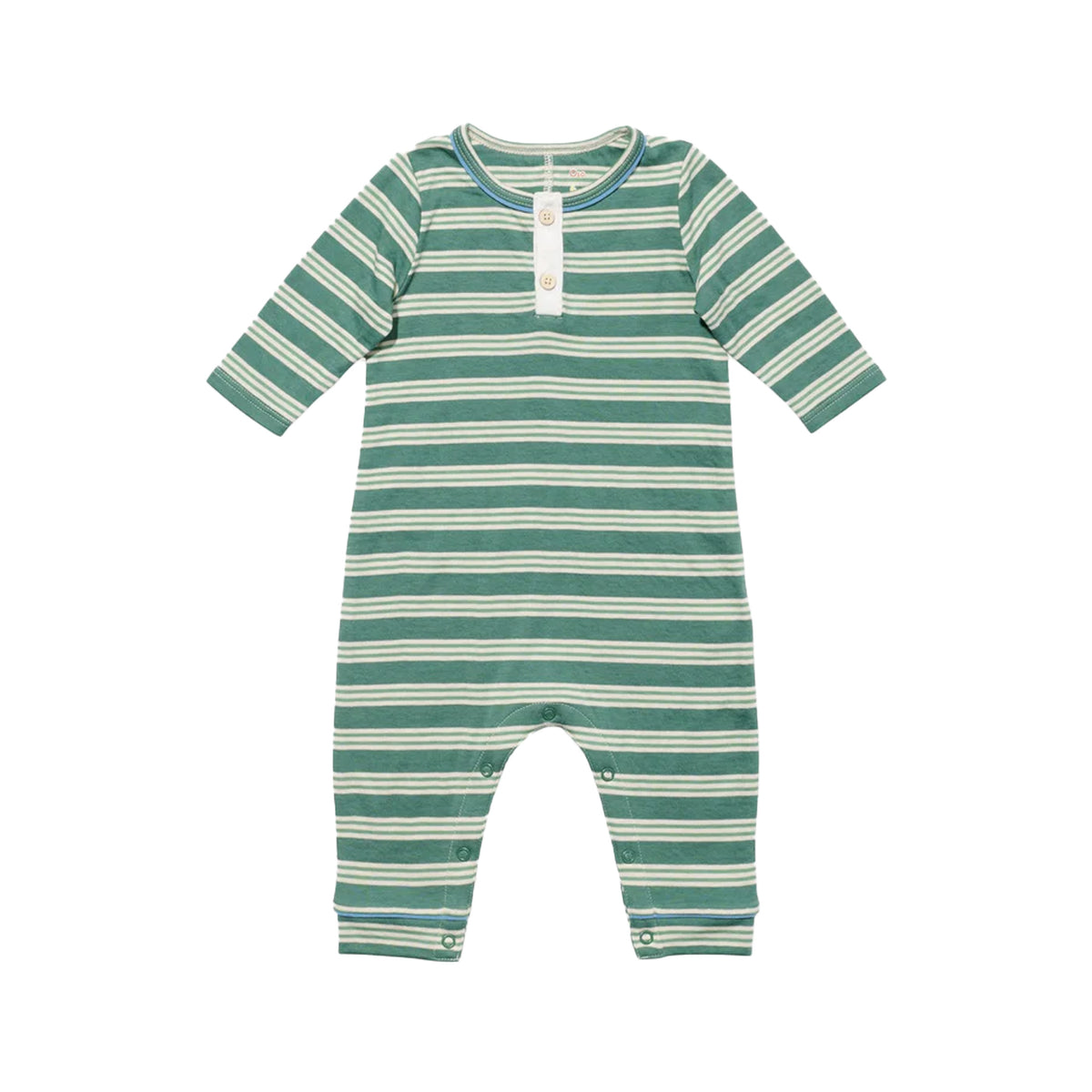 Front view of Campbell Romper in Pine Twin Stripe showcasing striped pima cotton, front buttons, and bottom snaps on a white background