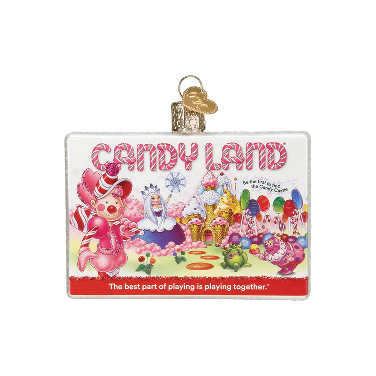 Front of Candy Land glass ornament showing box-art CANDY LAND and red banner The best part of playing is playing together
