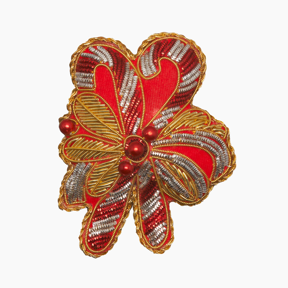 Front view of Candy Canes Ornament showcasing beaded red and silver candy canes on red velveteen against a white background