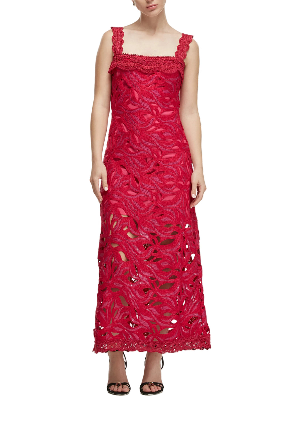 Front view of Crepusculo Midi Dress in burgundy with scalloped straps, straight neckline and lace cutout skirt