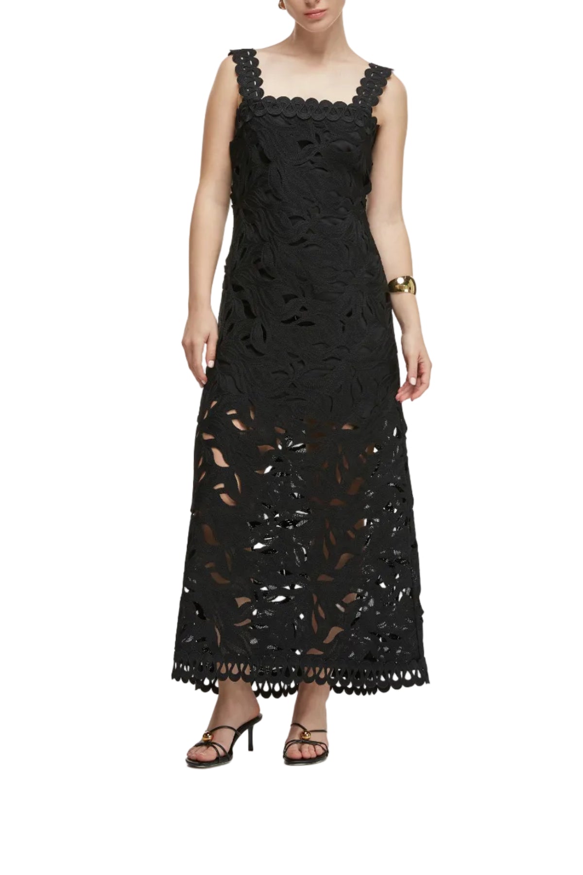 Front view of Crepúsculo Midi Dress in black showcasing floral lace cutouts, straight neckline and scalloped wide straps on white background