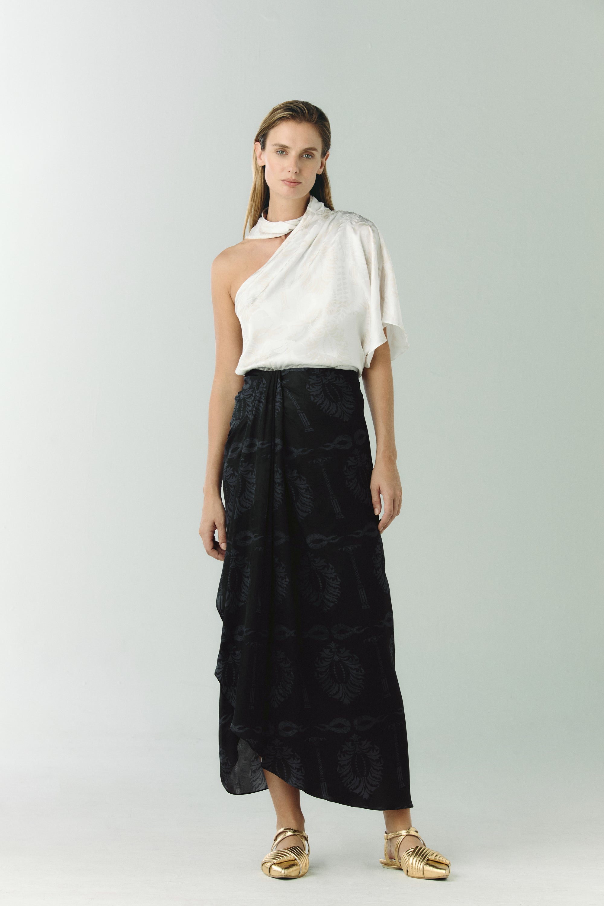 Myanmar Silk Jacquard Midi Skirt in Black