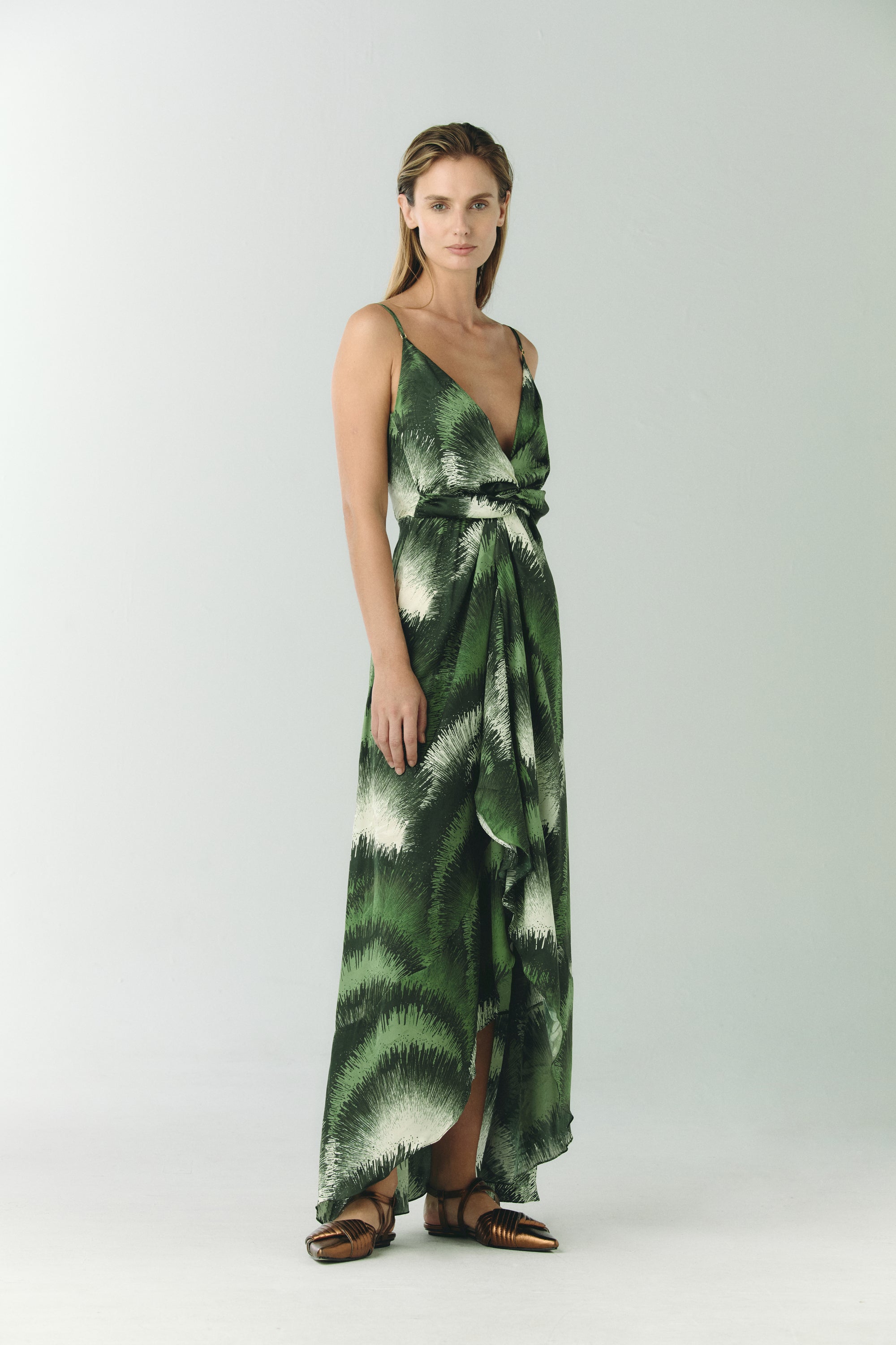 Sabina Silk Jacquard Midi Dress in Green Brushed