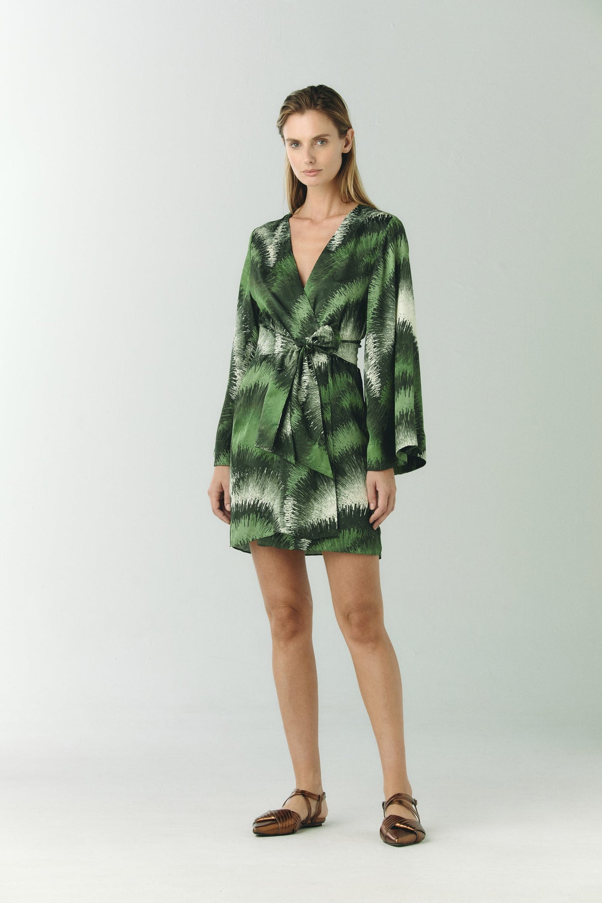 Joaquina Silk Jacquard Mini Kaftan in Green Brushed