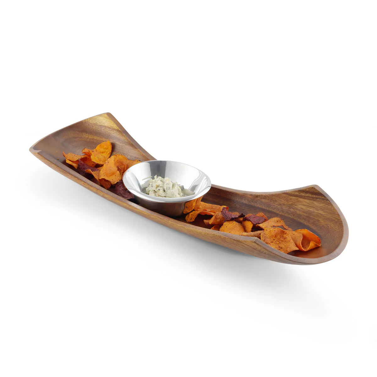 Angled view of Canu Chip & Dip showcasing acacia wood base, alloy dip bowl, and chips on a white background