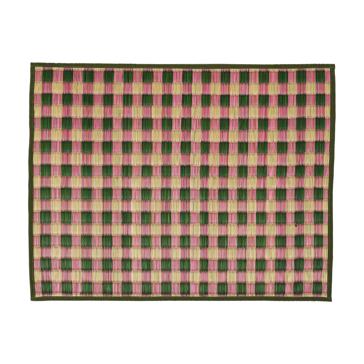 Front view of Capri Placemat, Pink and Green showcasing its handwoven natural fiber checkered pattern against a white background