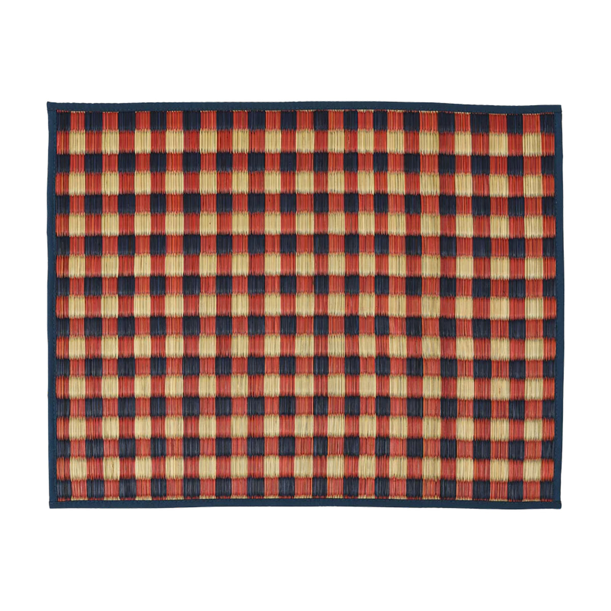 Front view of Capri Placemat, Red and Blue showcasing handwoven natural fibers and checkered pattern against a white background