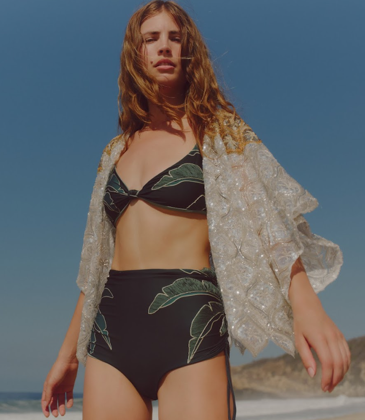 Front view of Victoria hand embroidered bikini bottom in Aquamarine Palms and Metallic Mint with side ruching