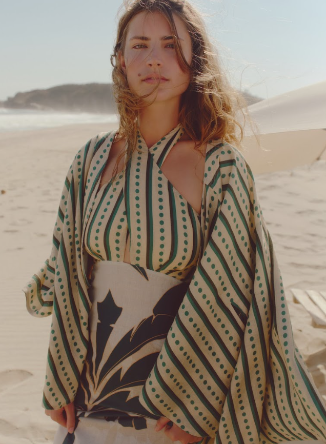 Cavalo Linen Poncho in Aquamarine Palms & Green Stripes