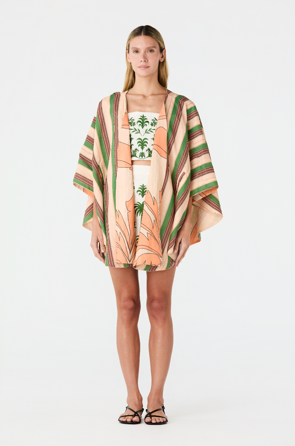 Marimba Embroidered Linen Top in Ivory Green Buganvilias