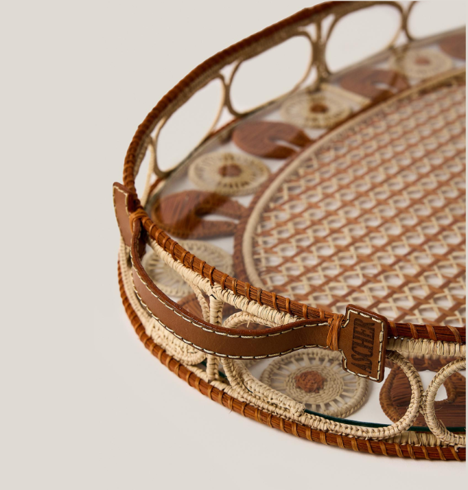 Iraca Palm Leather Tray Large in Paille
