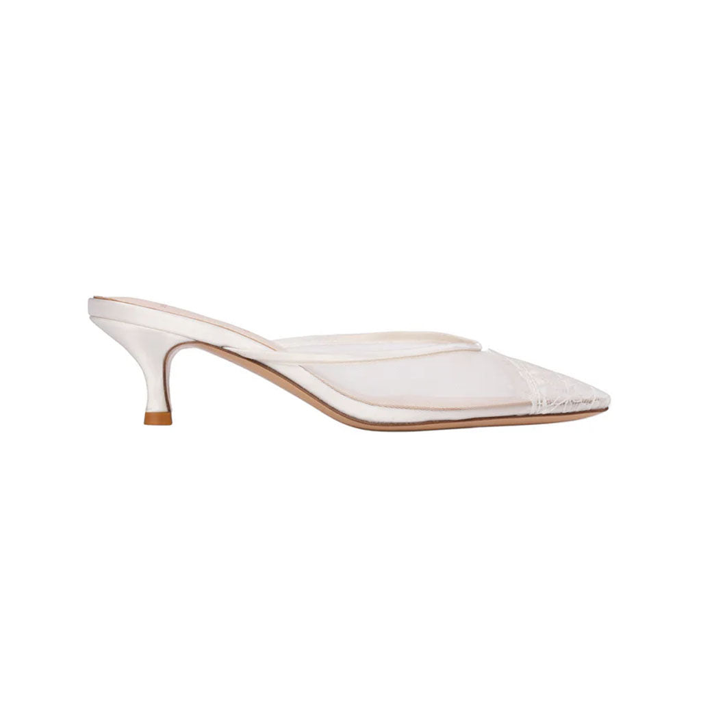 Side view of Cara 50 mule showcasing white mesh and satin upper, pointed toe, and curved 2-inch kitten heel on white background