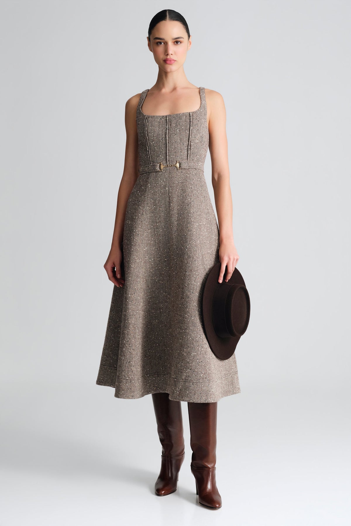 Dalia Midi Dress in Carlson Tweed Brown/Beige