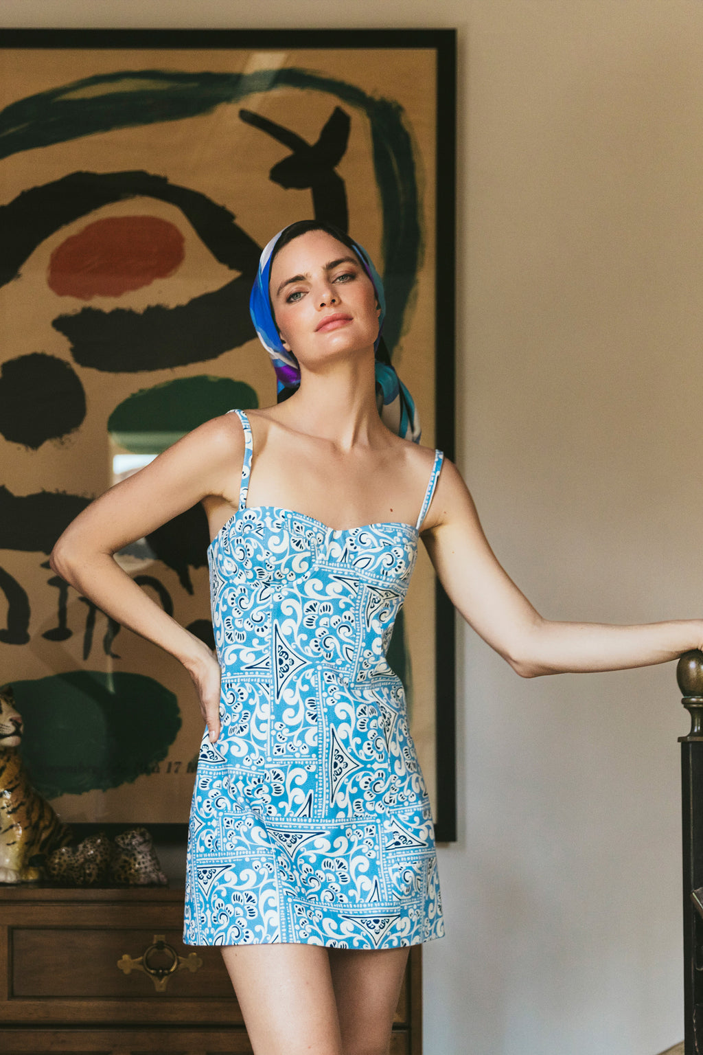 Claudine Mini Dress in Heart Tile Cornflower