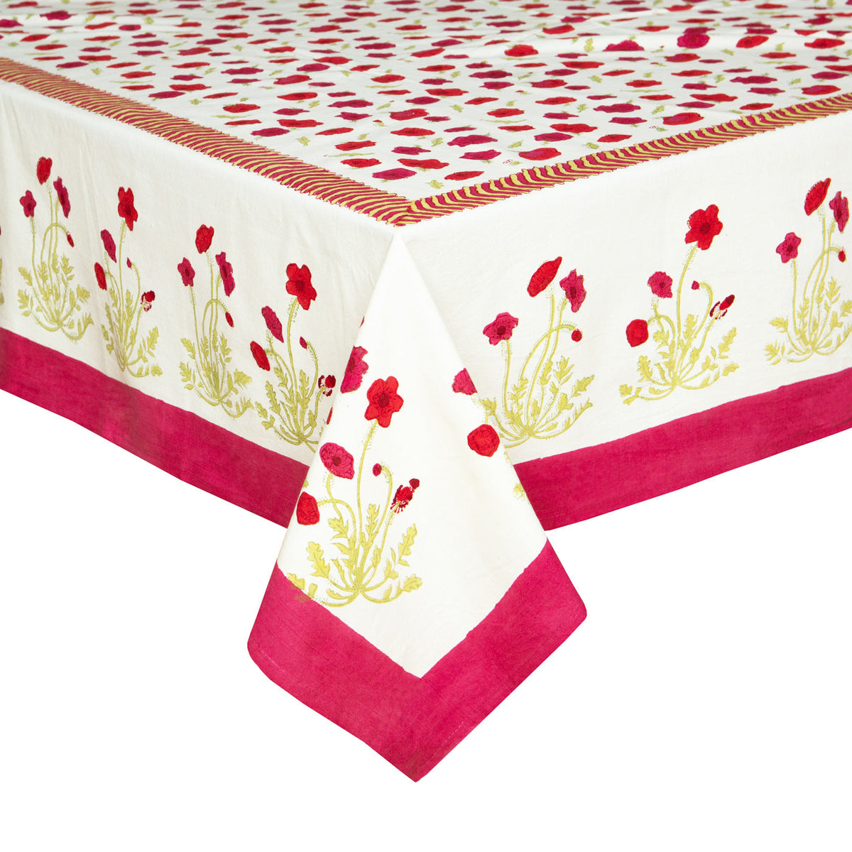 Angled view of French Tablecloth Poppies showcasing red poppies, green leaves, and magenta borders on a white background