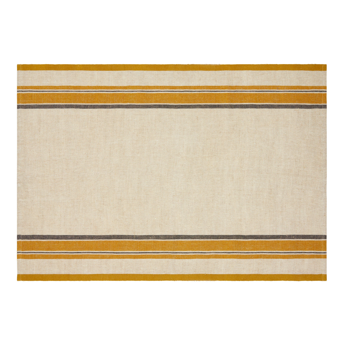Close-up of Antibes Tea Towels in Natural and Mustard, Set of 2 with narrow stripes on white