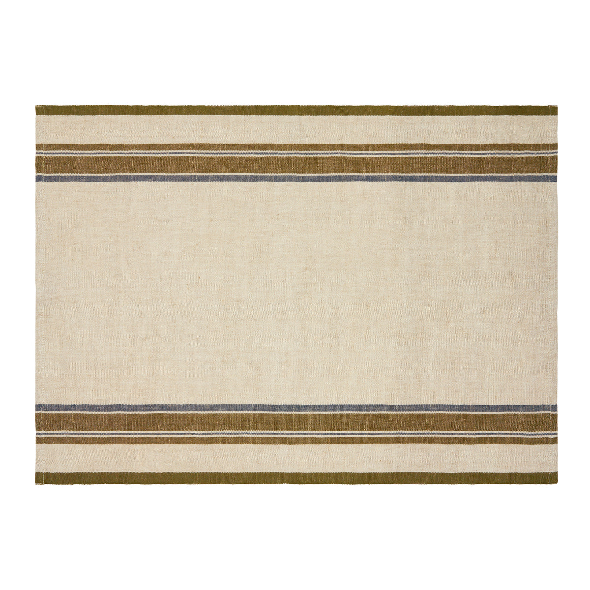 Front view of Antibes tea towels in natural and green showcasing narrow stripes on white background