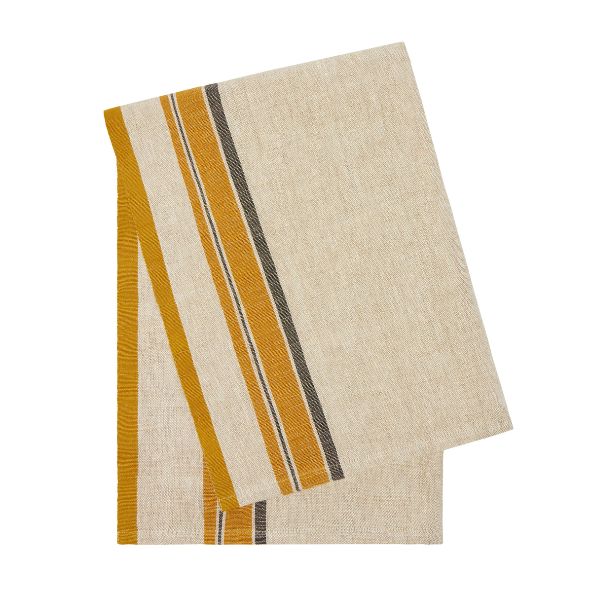Close-up of Antibes Tea Towels in Natural and Mustard, Set of 2 showcasing narrow stripes on a white background