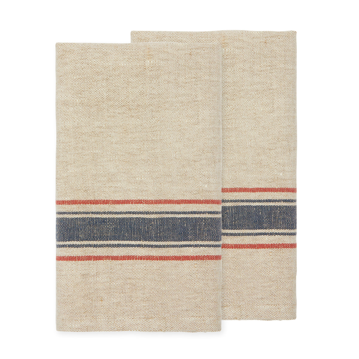 Front view of Menton Towel set of 2 showcasing woven natural fabric with red and denim stripes on white background