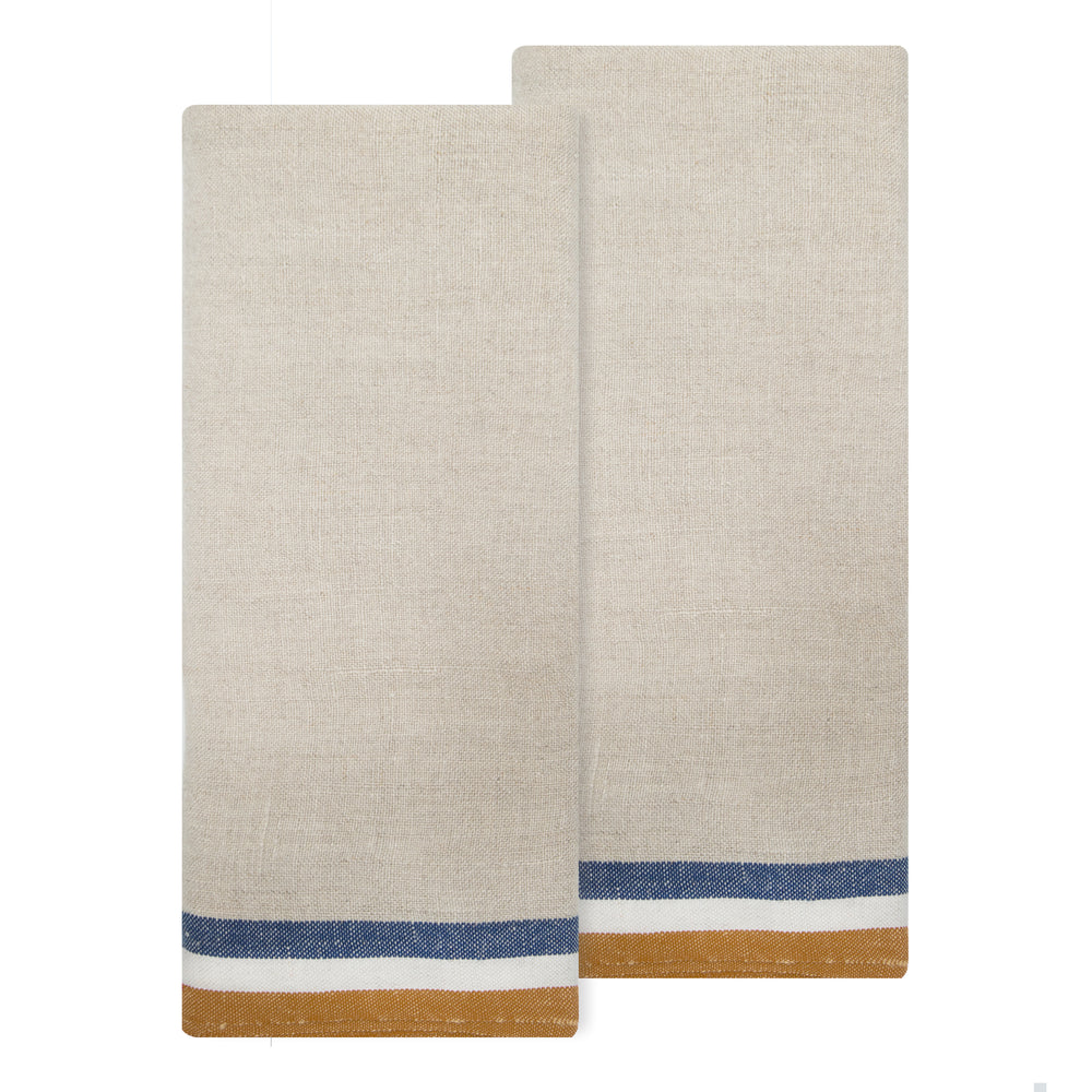 Normandy Tea Towels in Mustard, Natural & Blue Stripes, Set of 2