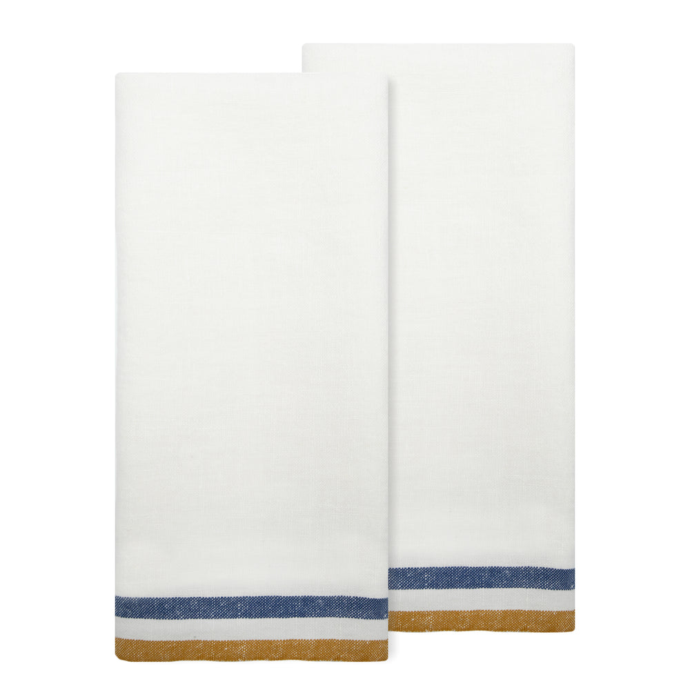 Normandy Tea Towels in Mustard, White, & Blue Stripes, Set of 2