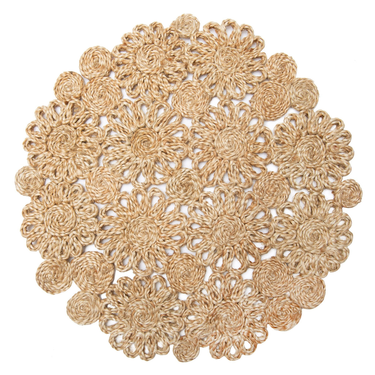Top view of Daisy Jute 15 inch Round Placemat in Natural showcasing handwoven jute and scalloped floral design on a white background