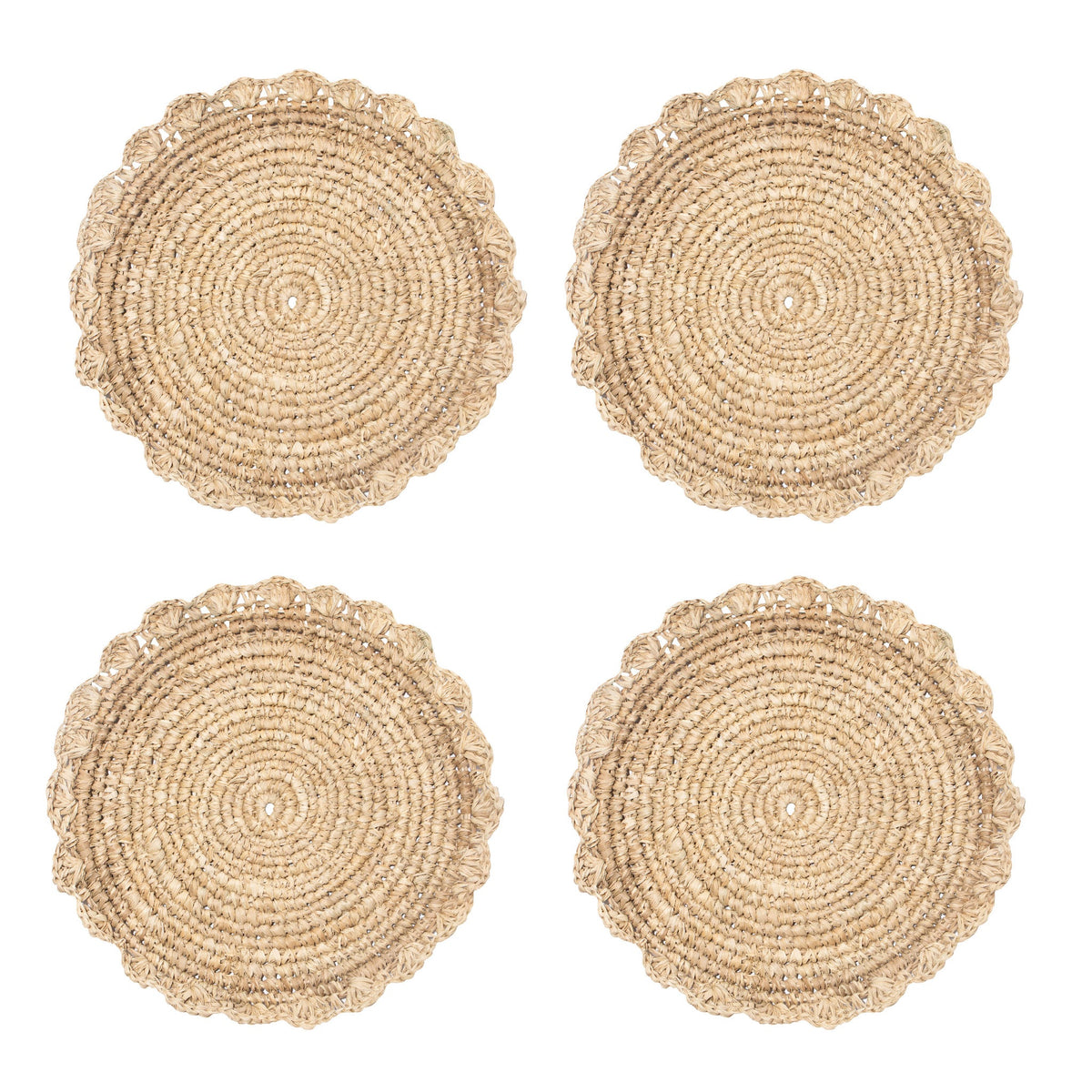 Top view of Blossom Natural Round Placemat Flower set of four showcasing handwoven natural raffia, spiral weave, and lace border