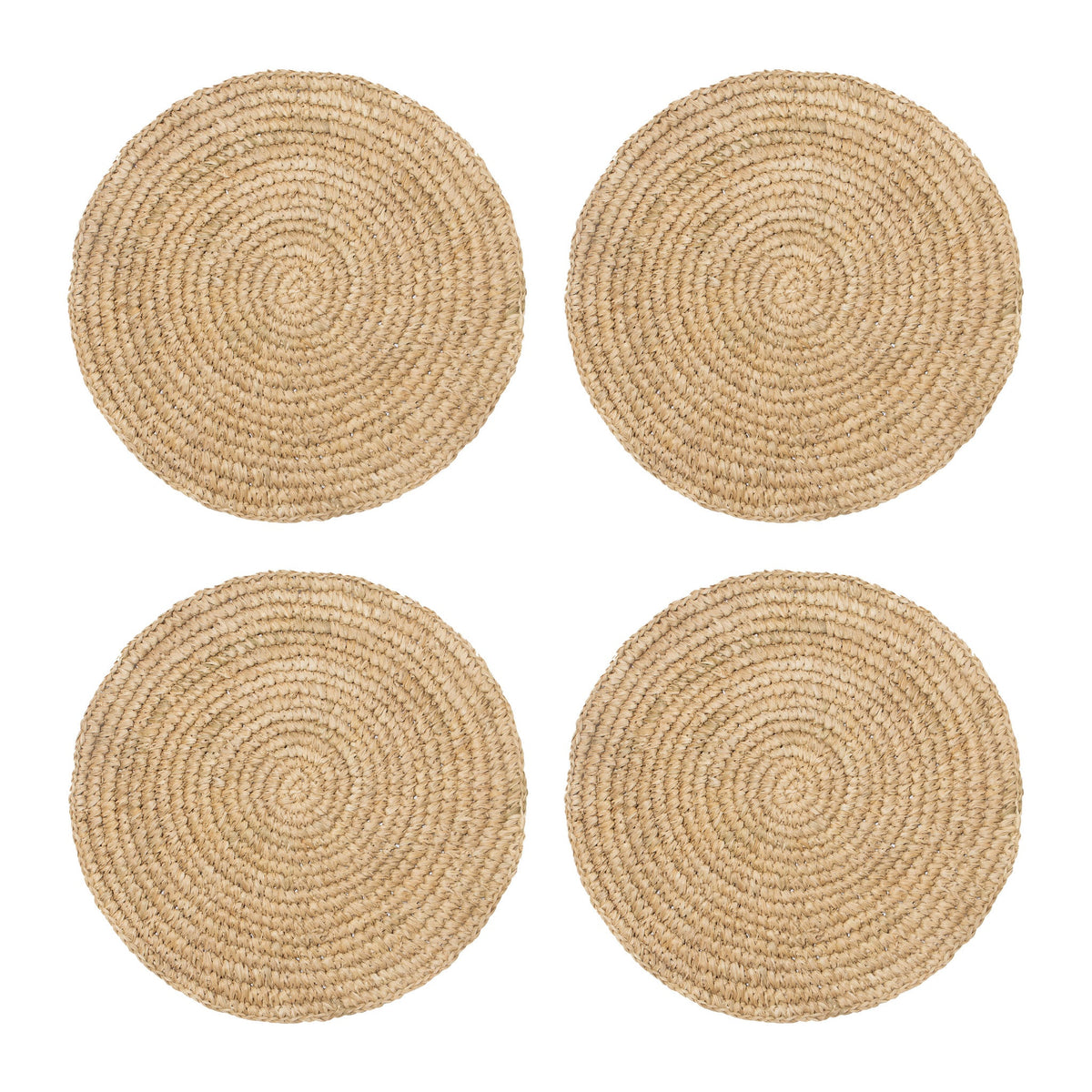 Overhead view of Classic Round Natural Placemat, Set of 4 showcasing handwoven natural raffia texture on a white background