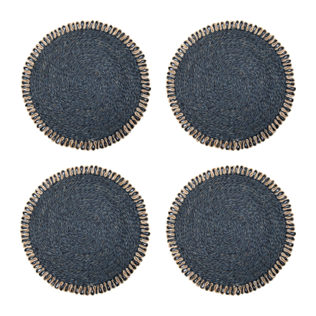 Loopy Abaca 15" Round Placemat in Navy & Natural, Set of 4