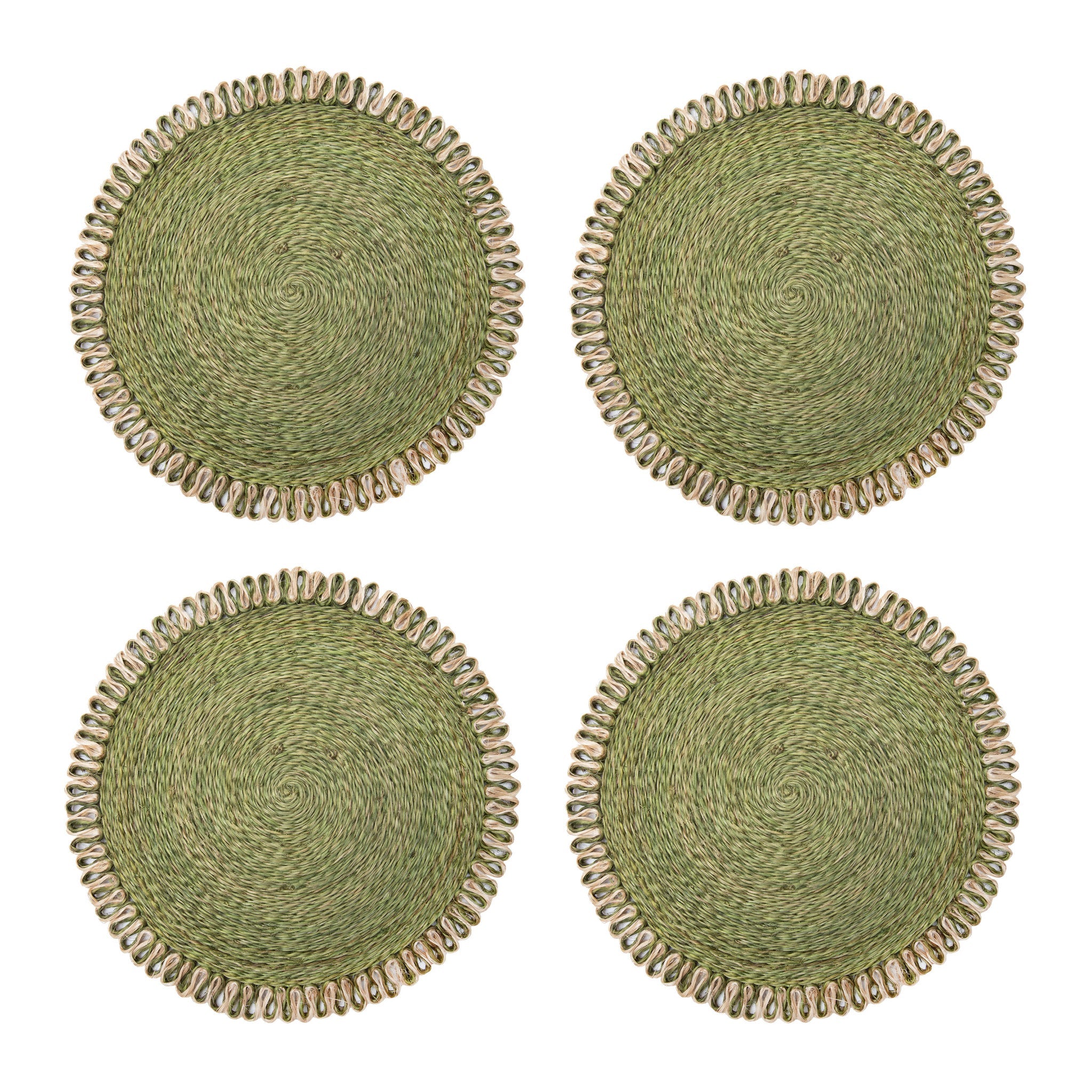 Loopy Abaca 15" Round Placemat in Olive Green & Natural, Set of 4