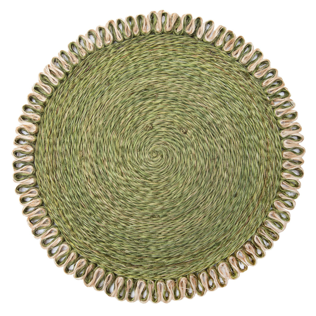 Loopy Abaca 15" Round Placemat in Olive Green & Natural, Set of 4
