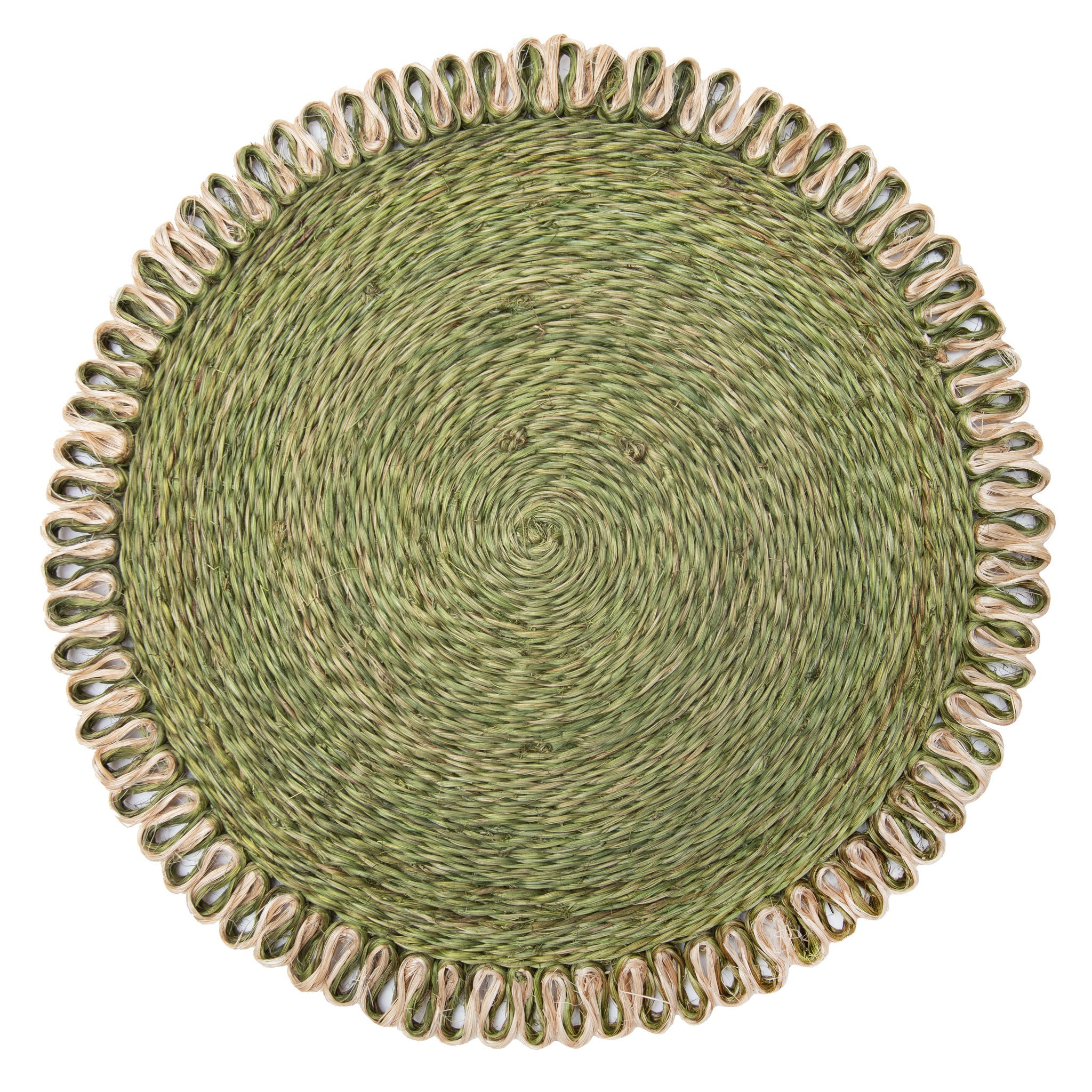 Loopy Abaca 15" Round Placemat in Olive Green & Natural, Set of 4