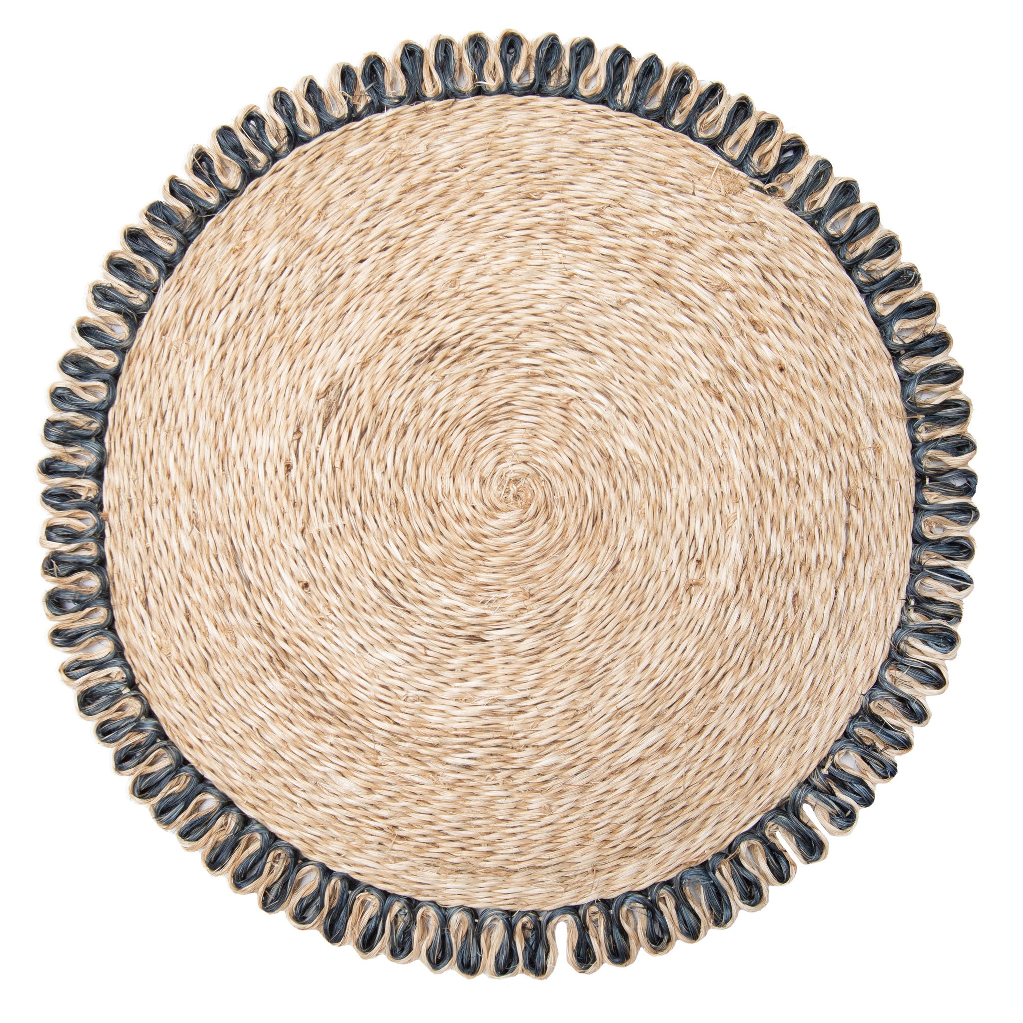 Loopy Abaca 15" Round Placemat in Natural & Navy, Set of 4