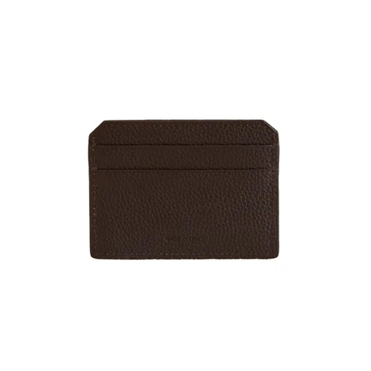 Front view of Card Case in Tumbled Grain Chocolate showcasing textured leather and card slots with a white background