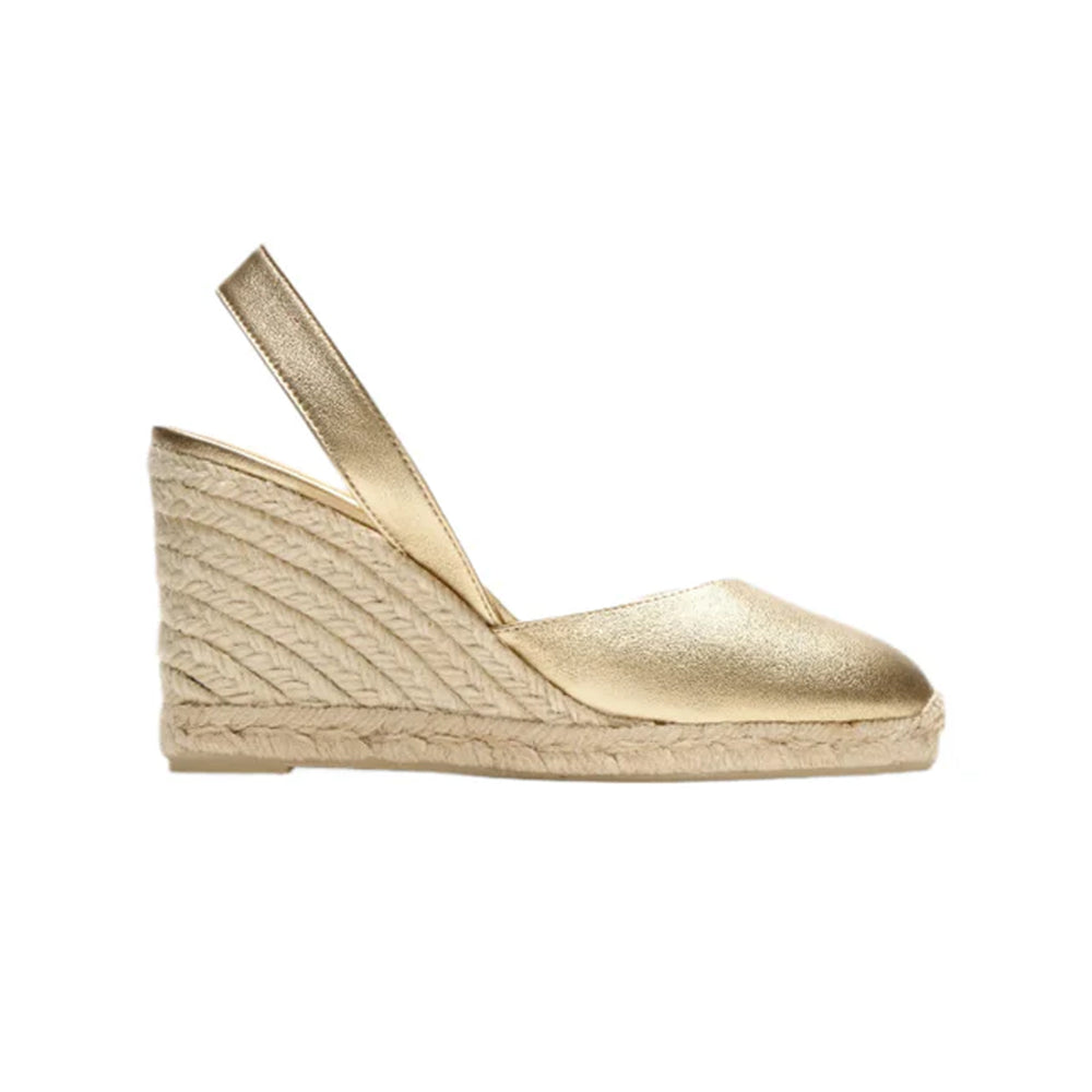 Side view of the Carissa 8 in Gold showcasing metallic leather slingback and 3.54 inch jute wedge on a white background